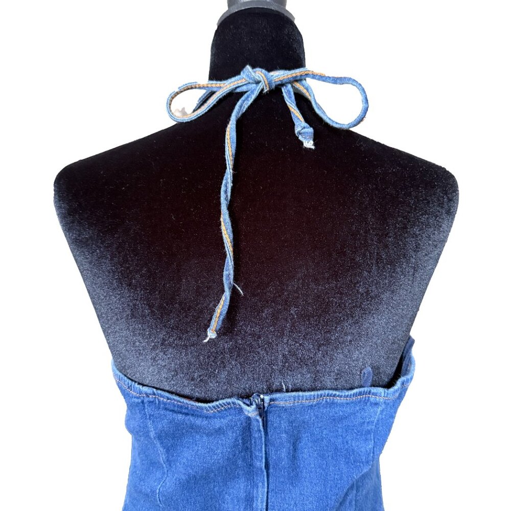 VINTAGE 90s Y2K Denim Halter Dress • Open Back Blue Jean Mini • Small - Picture 4 of 6